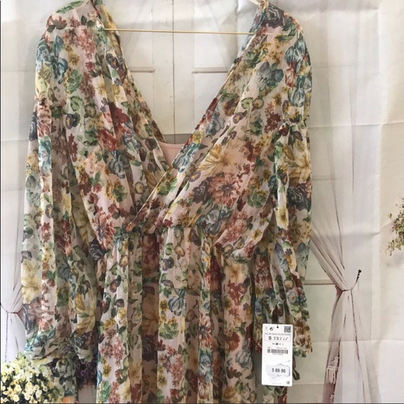 NWT ZARA SMALL CREPE FLORAL DRESS WITH LINER - Picture 3 of 6